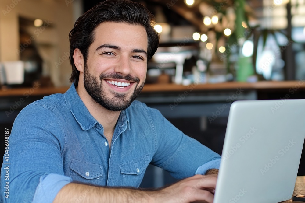 Obraz premium Smiling web designer at a cafe with laptop, natural light and bokeh effect