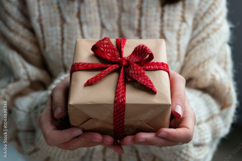 Gift wrap held by a woman wearing a cozy sweater is perfect for the holiday season and creates a festive atmosphere indoors. Close-up Gift wrap held by a woman wearing a cozy sweater is perfect for the holiday season and creates a festive atmosphere indoors. Close-up