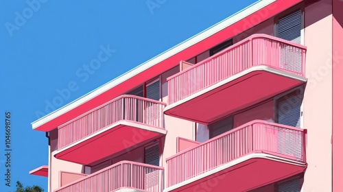 Pink building with balconies against a blue sky.