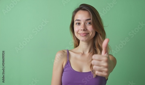 Young woman with cheerful expression giving thumbs up against green background with copy space