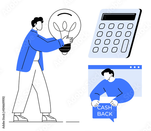 Person with light bulb representing ideas next to calculator and person with cash back offer. Ideal for finance, investment, savings, business startups, and innovation. Minimalist, modern, clean