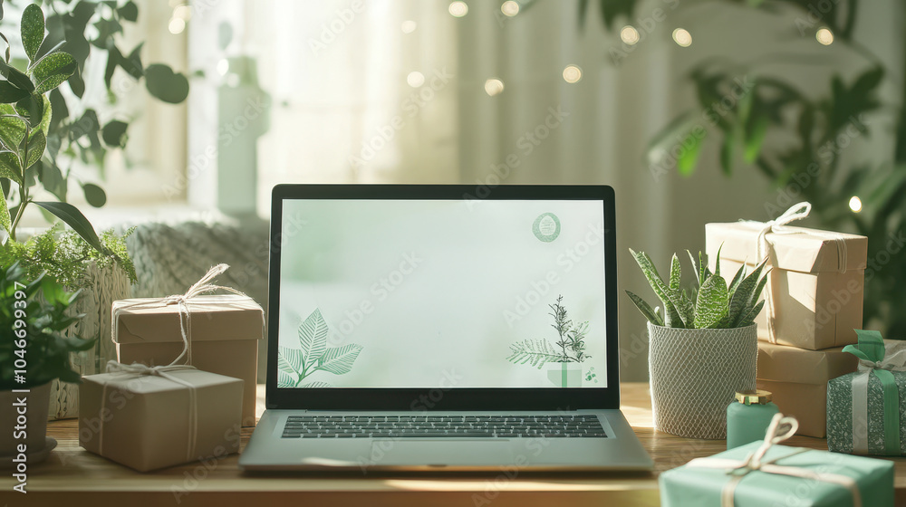 Fototapeta premium Cozy and Minimalist Home Office Interior Design with Laptop Computer Potted Plants and Natural Lighting from Window Comfortable Workspace for Remote Work Study or Freelance Productivity