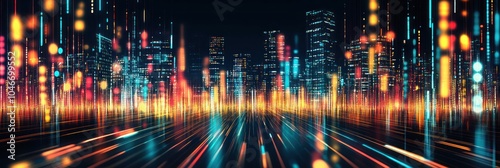 Abstract city skyline with colorful lights and streaks of light.