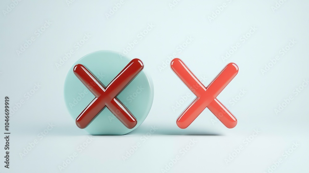 Two 3D red 'X' symbols, one on a light blue circle, isolated on a white background. Two 3D red 'X' symbols, one on a light blue circle, isolated on a white background.