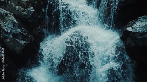 A beautiful waterfall cascading over rocks, with crystal clear water creating a serene atmosphere. photo