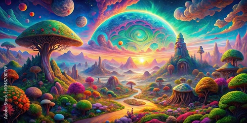 Surreal trippy landscapes and hallucinations in psychedelic experiences photo