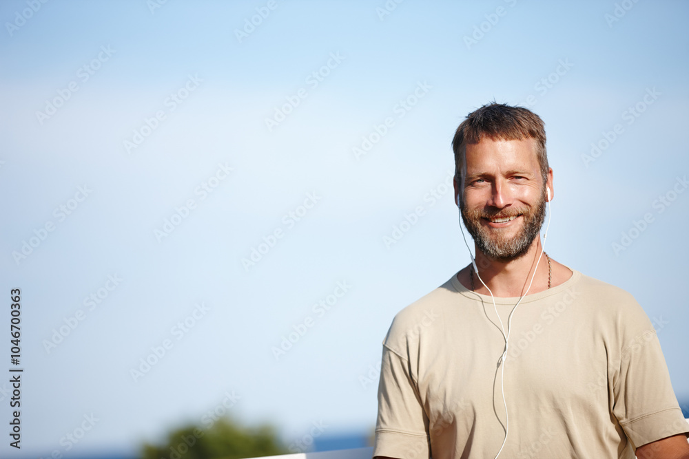 Mature man, portrait or music in nature mockup for peace, calm or freedom in Australia. Person, earphones or happy at outdoor sky space for travel insurance, relaxation and streaming audio or podcast Mature man, portrait or music in nature mockup for peace, calm or freedom in Australia. Person, earphones or happy at outdoor sky space for travel insurance, relaxation and streaming audio or podcast