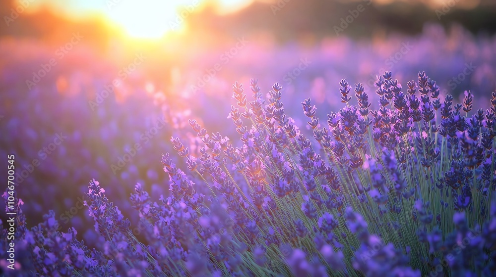 Naklejka premium Vibrant lavender field at sunset, showcasing beautiful purple blooms and a serene atmosphere.