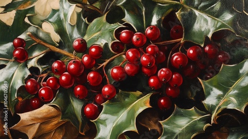 Vibrant holly leaves with bright red berries, perfect for festive decorations and holiday themes. photo