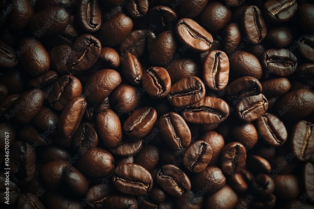 Fototapeta premium Hyper-realistic close-up of coffee beans with vivid colors and high definition detail, top view.