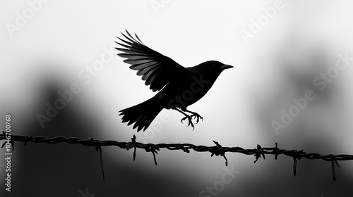 Silhouette of a bird flying over barbed wire, black and white, high contrast, flat background, foggy копия photo