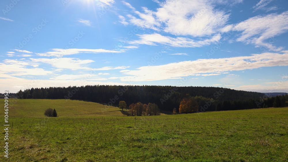 Fototapeta premium Weite Sicht auf herbstliche Bergwiesen und bewaldete Hügel im Thüringer Wald bei Neuhaus am Rennweg, idyllisches Tal im Schiefergebirge, Landkreis Sonneberg, Thüringen, Deutschland, Wandern im Herbst