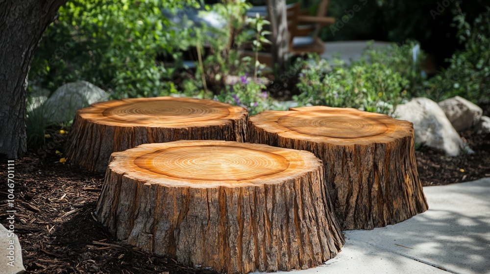 Three wooden tree stumps arranged in a garden setting, surrounded by greenery and stones. Three wooden tree stumps arranged in a garden setting, surrounded by greenery and stones.