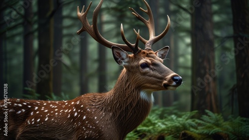 A majestic deer with large antlers stands in a misty forest, looking to the side with a calm and serene expression.