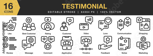 Testimonial icon set. Editable Stroke Icon Collection. Includes application, best customer, comment, communication, feedback, and More. Outline icons vector collection.