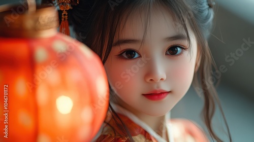 Close-up of a young Chinese girl with a lantern photo