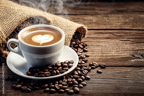 Steaming cup of coffee on rustic wooden table with scattered beans and burlap sack background.