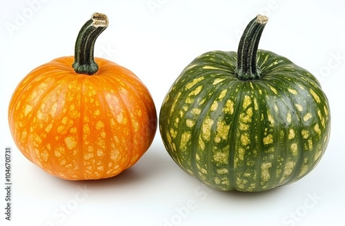 Pumpkins on white background with natural lighting, high detail and sharp focus.