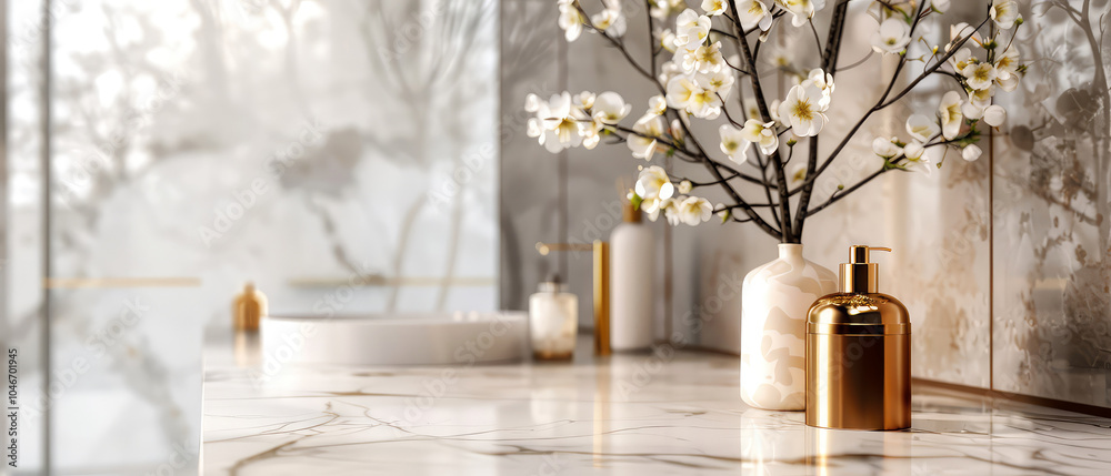 Obraz premium Luxury, marble interior of bathroom with sink, golden accessories, cosmetics, furniture. Minimal design. Generative ai