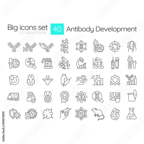 Antibody development linear icons set. Stages of research, lab equipment and scientific analysis. Customizable thin line symbols. Isolated vector outline illustrations. Editable stroke