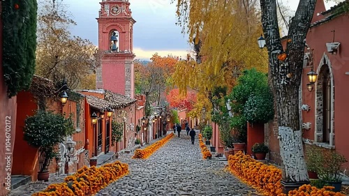 Autumn Stroll Down a Picturesque Cobblestone Street Lined With Vibrant Marigolds in San Miguel De Allende, Mexico