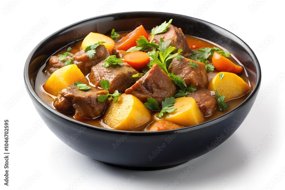 Delicious beef stew in a black bowl with potatoes and herbs, white isolate background Delicious beef stew in a black bowl with potatoes and herbs, white isolate background