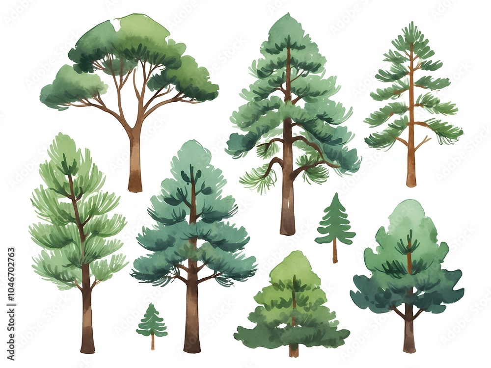Fototapeta premium Watercolor Pine forest tree, Forest Tree Clipart, Pine Tree, Woodland Tree, Forest Landscape, Watercolor Tree, white background, Digital wall art