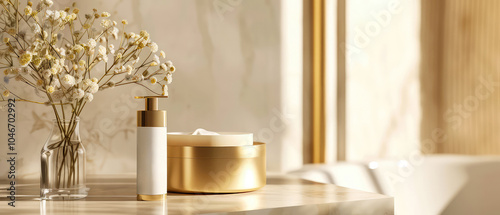 Luxury, marble interior of bathroom with countertop, golden accessories, cosmetics, product bottles, flowers. Showcase. Contemporary hotel design. Generative ai 