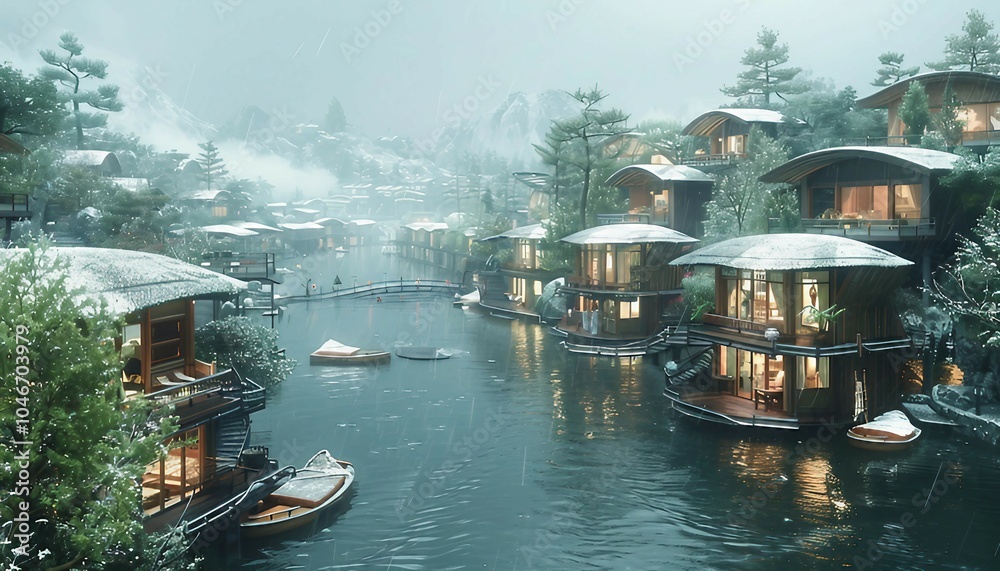 Obraz premium Waterfront City Plan, sustainable city with a river in front, city built along a waterfront, integrating water into the design with floating structures, bridges, and canals.