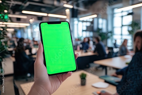 Wallpaper Mural Phone with green screen held up during a video call in a busy office Torontodigital.ca