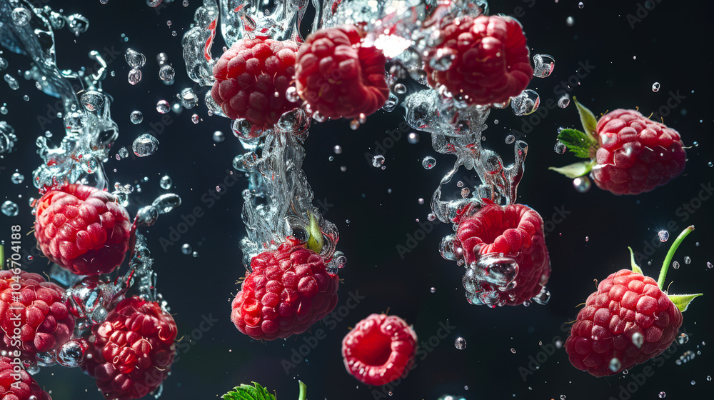 Fototapeta premium A bunch of ripe raspberries falls into the water. The water splashes and raspberries float on the surface. A healthier diet. The gifts of summer and the forest. A delicious and healthy snack