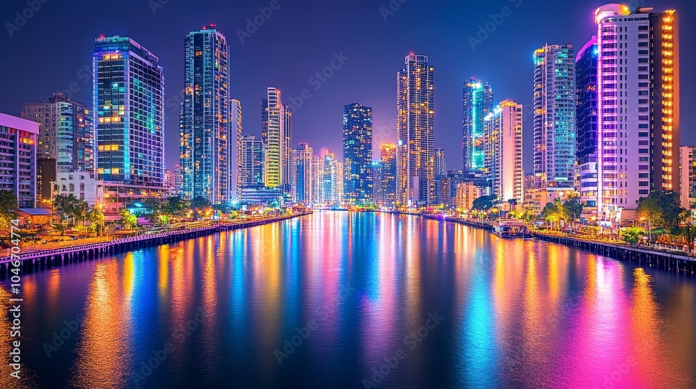 Obraz premium Night Skyline of Modern City with River Reflections