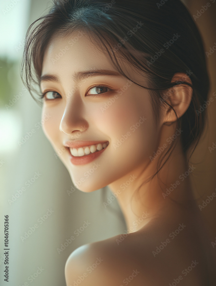 Naklejka premium High-quality crop photo of skincare and cosmetics concept with copy space for text. Woman with beautiful face touching healthy facial skin portrait. Beautiful happy girl model with natural 
