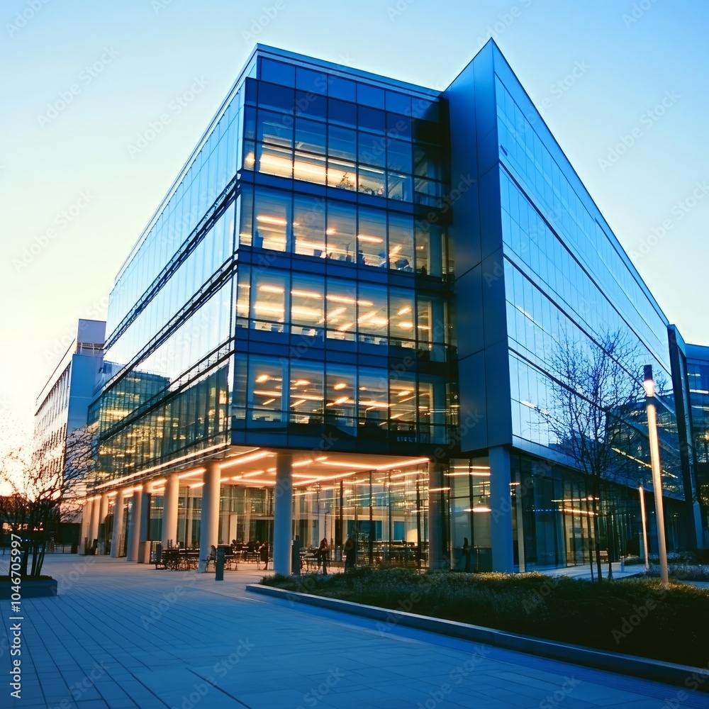 Modern Glass Office Building Exterior at Twilight. Glass, steel, and concrete structure. Modern Glass Office Building Exterior at Twilight. Glass, steel, and concrete structure.