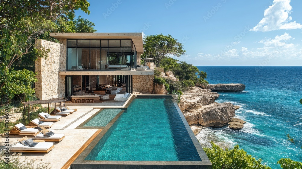 Fototapeta premium Coastal villa with luxurious amenities.