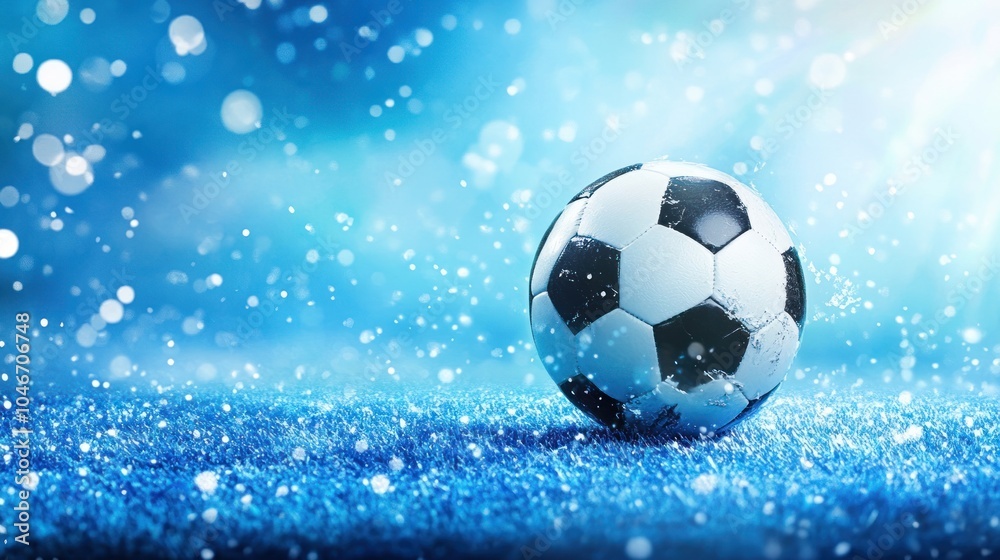 Naklejka premium A soccer ball on a snowy field, creating a dynamic sports scene.