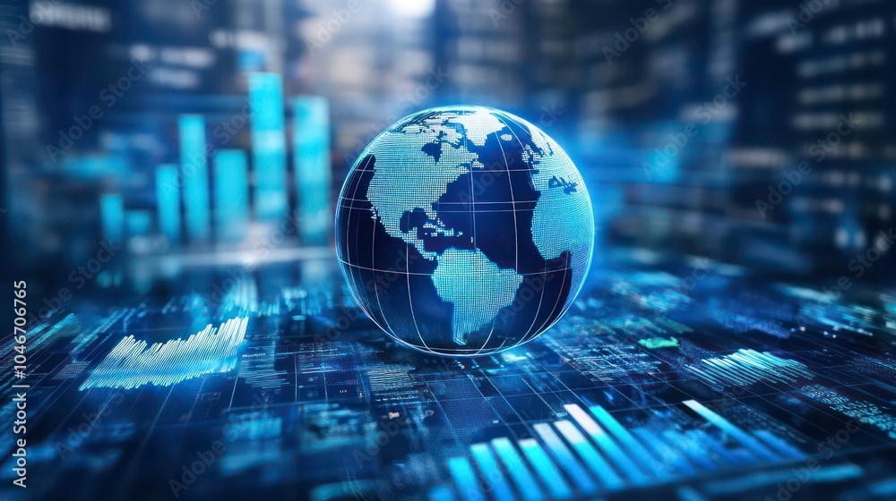 A 3D globe with data visualizations in the background. A 3D globe with data visualizations in the background.