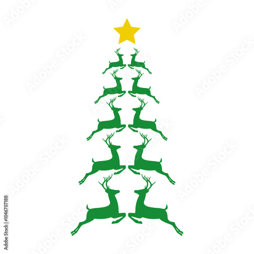 Logo con grupo de ciervos o renos de Santa Claus saltando o corriendo con forma de árbol de navidad con estrella para tarjetas y felicitaciones