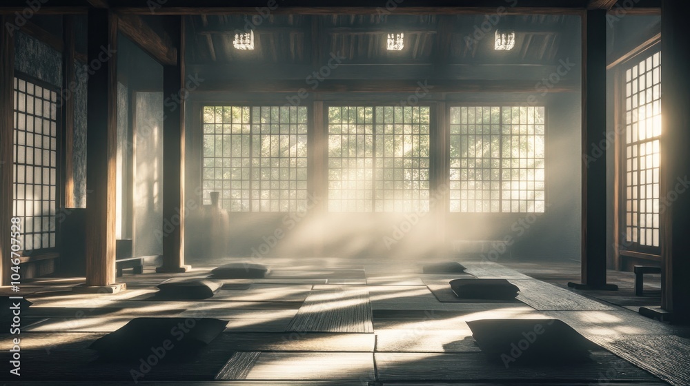 A serene, sunlit room with tatami mats and large windows, creating a peaceful atmosphere. A serene, sunlit room with tatami mats and large windows, creating a peaceful atmosphere.