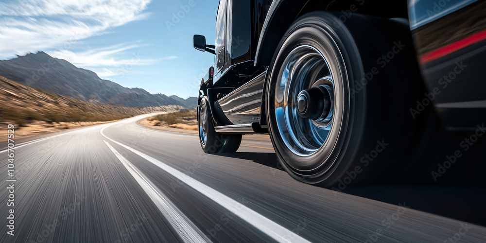 Banner featuring the lower half of a semi-truck speeding along a desert highway, focusing on the wheels and their contact with the road, leaving room for logistics company branding Banner featuring the lower half of a semi-truck speeding along a desert highway, focusing on the wheels and their contact with the road, leaving room for logistics company branding
