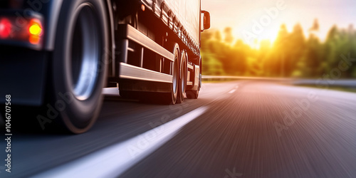 Semi-truck barreling down the road, with a sharp focus on its tires, and the blurred background emphasizing speed and the efficiency of transport services.