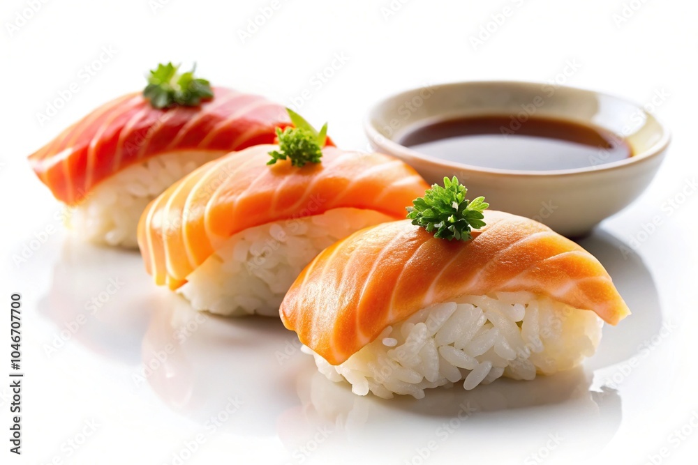 Sushi nigiri with smoked salmon and seared salmon on white background Sushi nigiri with smoked salmon and seared salmon on white background