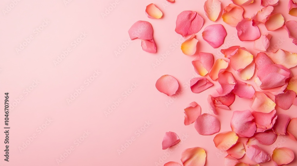 Photo of, Pink background with scattered rose petals for design, banner template Photo of, Pink background with scattered rose petals for design, banner template