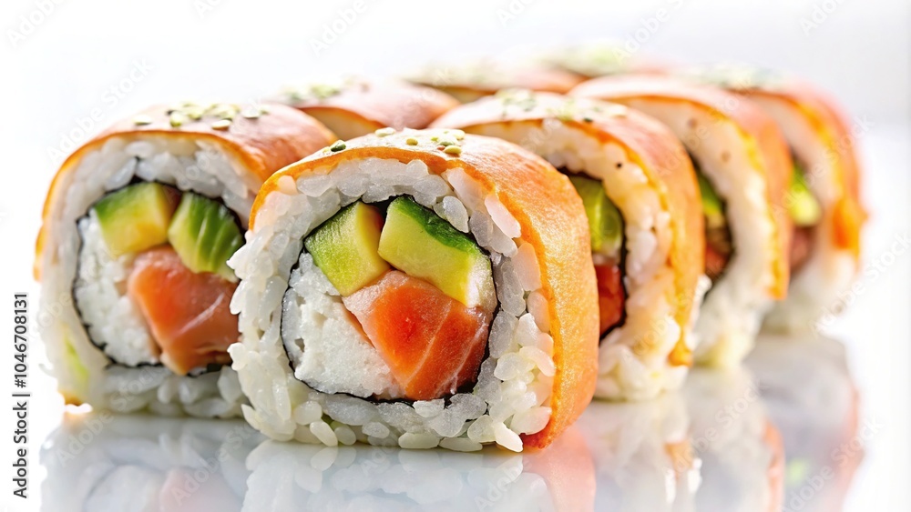Sushi roll displayed on white background medium shot Sushi roll displayed on white background medium shot