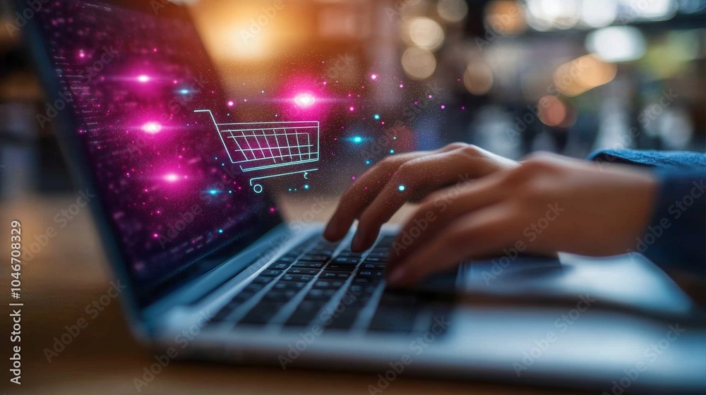 Online Shopping Concept Hands Typing on Laptop with Shopping Cart Icon E Commerce Digit Online Shopping Concept Hands Typing on Laptop with Shopping Cart Icon E Commerce Digit