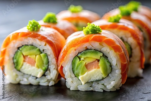 Sushi rolls with avocado and wasabi from tilted angle