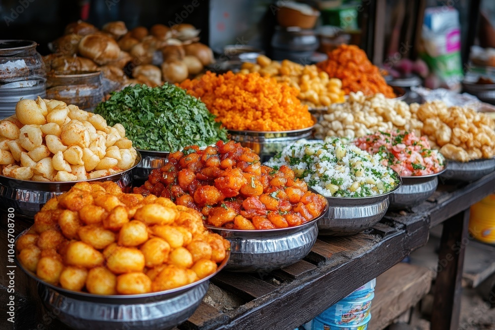 Obraz premium indian street food feast, enjoy a scrumptious indian street food feast with pav bhaji, pani puri, dahi puri, and bhel puri on vibrant disposable plates