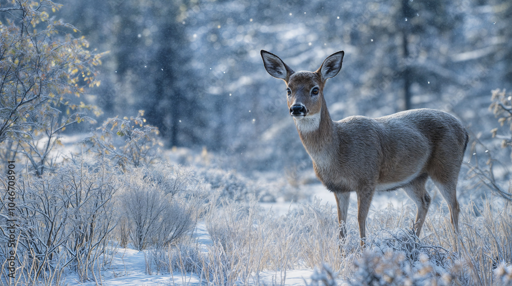 Deer standing in a snowy forest during winter. Deer standing in a snowy forest during winter.