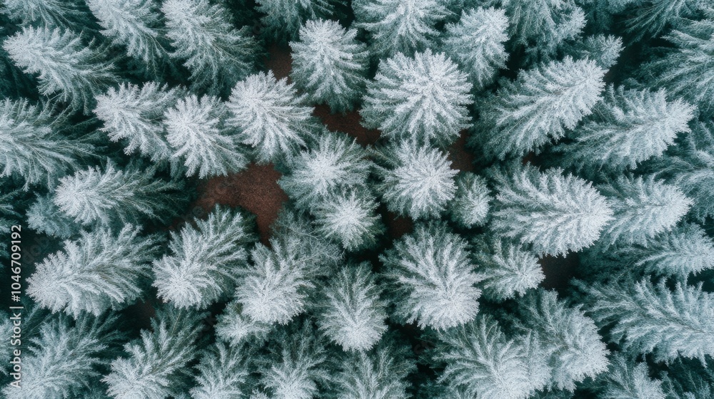 Aerial View of Snow Covered Evergreen Trees in Winter Forest Aerial View of Snow Covered Evergreen Trees in Winter Forest