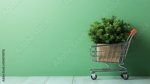 A shopping cart filled with greenery against a soft green wall, symbolizing eco-friendliness and sustainable shopping choices. photo